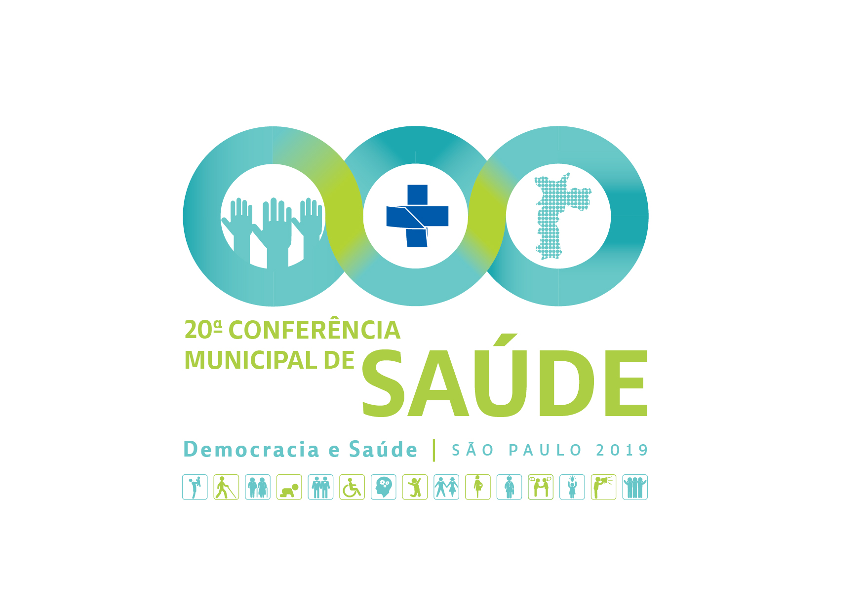 #PRACEGOVER Logotipo da 20ª Conferência Municipal de Saúde com 3 círculos interligados nas cores azul e verde. O primeiro circulo com mãos da população erguida, segundo circulo com a logomarca do SUS e terceiro círculo com o desenho geográfico do município de São Paulo. Logo abaixo o título da conferência na cor verde. Tema de "Democracia e Saúde" em azul, no rodapé da imagem desenhos de inclusão, de cadeirante, pessoas com deficiência, gestantes, idosos, crianças, pessoas com deficiência mental.